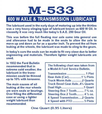Aceite W600 cambio grupo y direccion Ford T 1909 1927